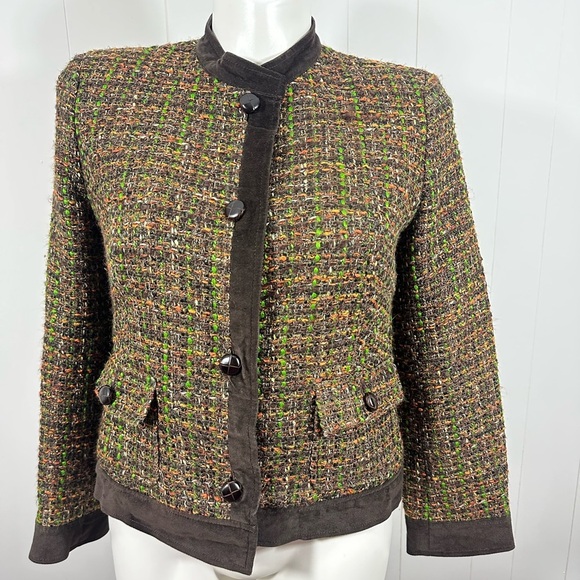 Vintage Talbots Brown / Green Tweed Boucle Jacket Velvet Trim Size 14 Petite - Picture 1 of 13